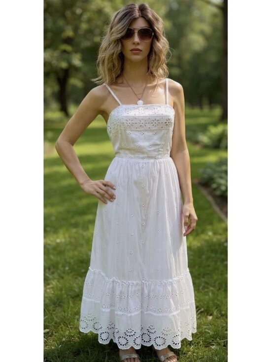 Japna Dresses & Skirts - White Eyelet Cotton Midi Dress With Smocked Back Straps Size L